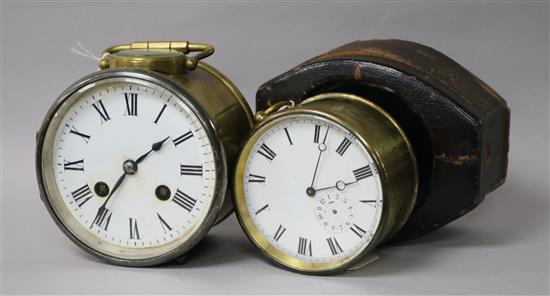 A French brass drum alarm carriage clock, Roman dial, in outer travelling case and another example with Roman dial, H 10.5cm & 12cm
